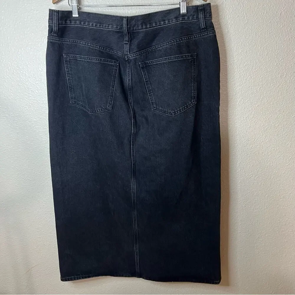 Madewell mid rise midi denim jean skirt with slit in lunar faded black 31